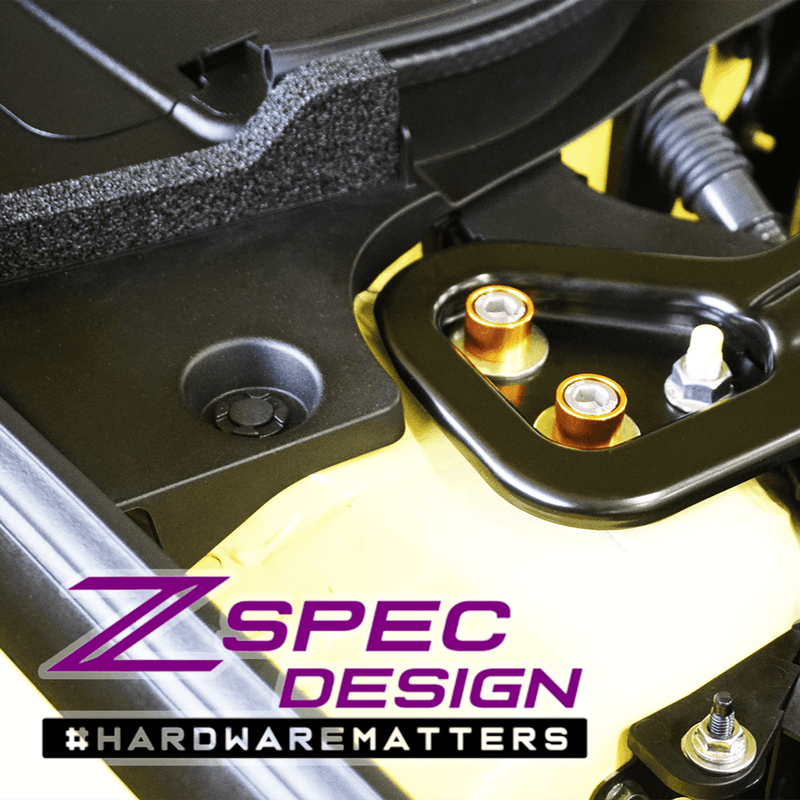 ギャラリービューアに画像をロードする, ZSPEC gold billet dress-up bolts installed on Nissan Z RZ34 engine bay strut tower.