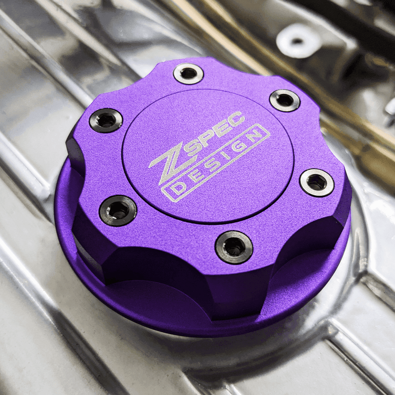 Load image into Gallery viewer, Purple ZSPEC billet oil filler cap with titanium accents for Nissan, Infiniti, and Datsun engines.