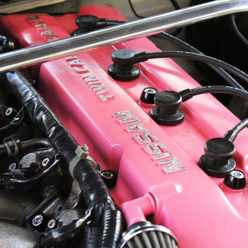Load image into Gallery viewer, ZSPEC stainless billet fastener kit installed on a pink Nissan 240SX S14 valve cover.