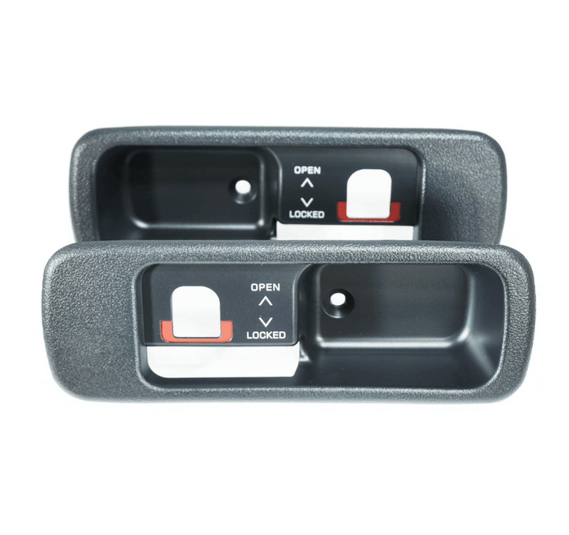 Cargue la imagen en el visor de la galería, ZSPEC black T-top handle finishers for Nissan Z32 300ZX non-locking, set of two with white text and red indicators.