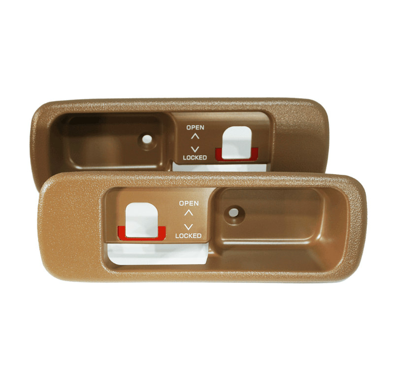 Cargue la imagen en el visor de la galería, ZSPEC tan T-top handle finishers for Nissan Z32 300zx (non-locking). Two new brown plastic trim pieces with white text.