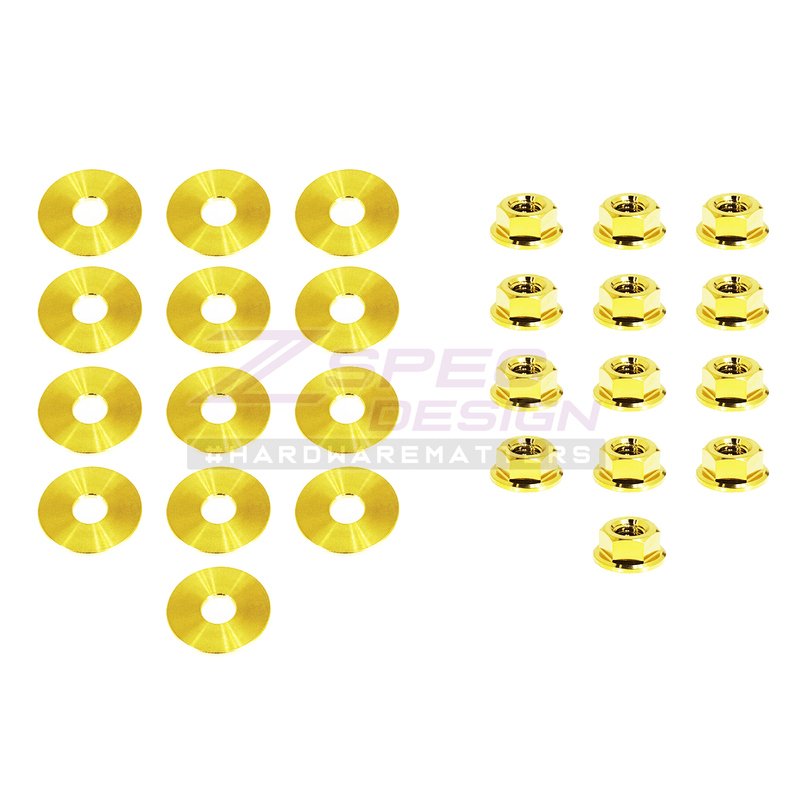 Load image into Gallery viewer, Gold titanium valve cover hardware kit for Nissan SR20DET Red Top engine. Includes washers and hex nuts.