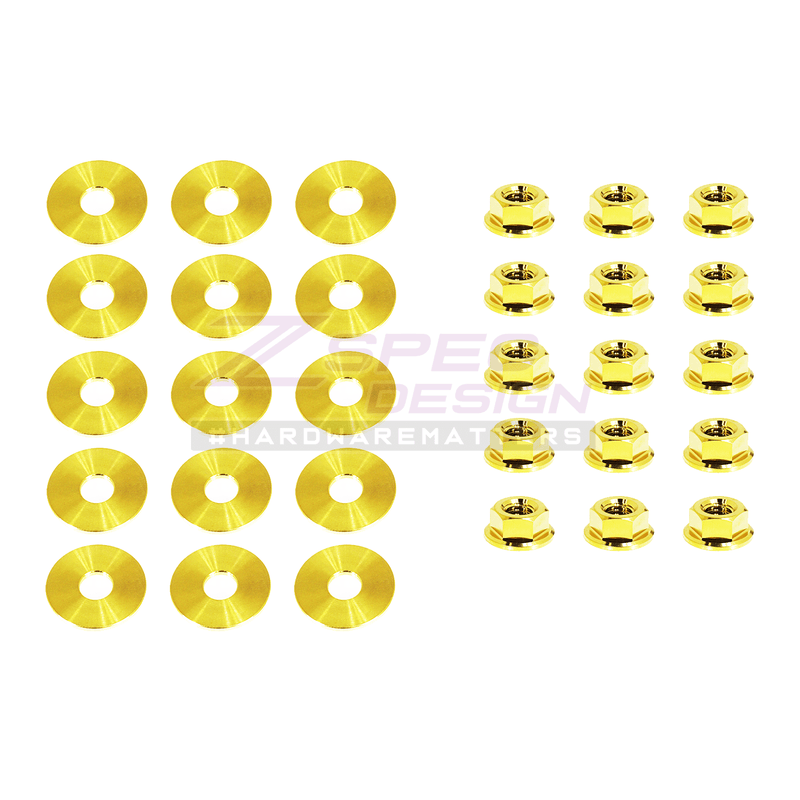 Load image into Gallery viewer, Gold titanium valve cover hardware kit for SR20DET Black Top engines, including washers and nuts on a white background.