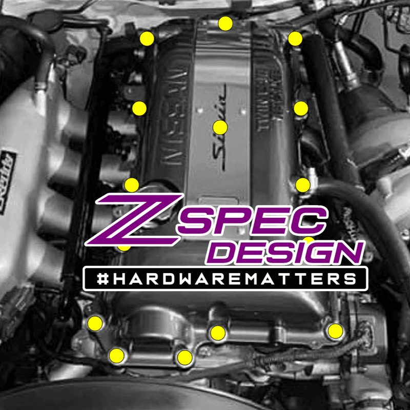 Load image into Gallery viewer, ZSPEC Grade-5 titanium valve cover hardware kit for Nissan SR20DET "Black Top" engine, highlighted with yellow dots.