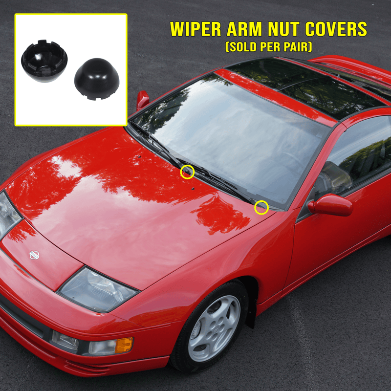 Load image into Gallery viewer, Pair of two black ZSPEC wiper-arm nut covers for '90-99 Nissan 300ZX (Z32), shown on a red sports car.
