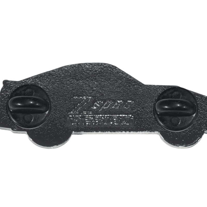 Load image into Gallery viewer, Back view of a black textured metal ZSPEC Nissan 300zx Z31 lapel pin with two black rubber clutches.