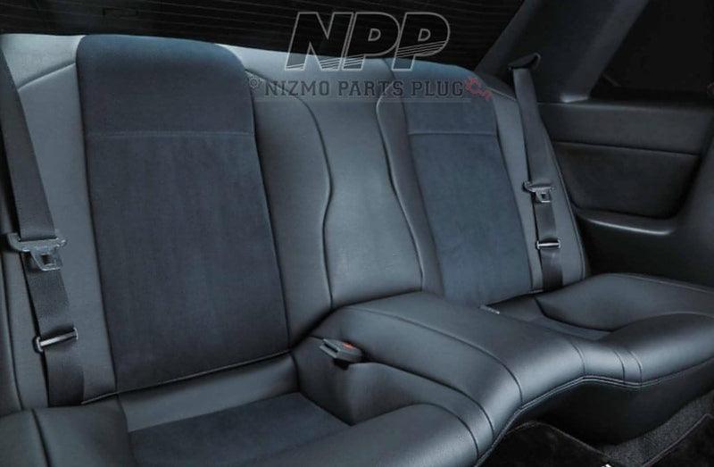 Load image into Gallery viewer, Complete black leather and suede rear seat cover set for R34 Nissan Skyline GT-R, appearing in excellent condition.