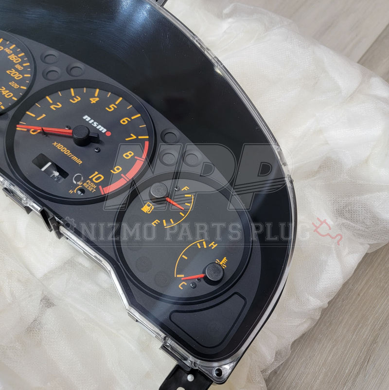 Load image into Gallery viewer, Nismo combination meter for Nissan S15 Silvia. Features black face with yellow numerals and red needles.