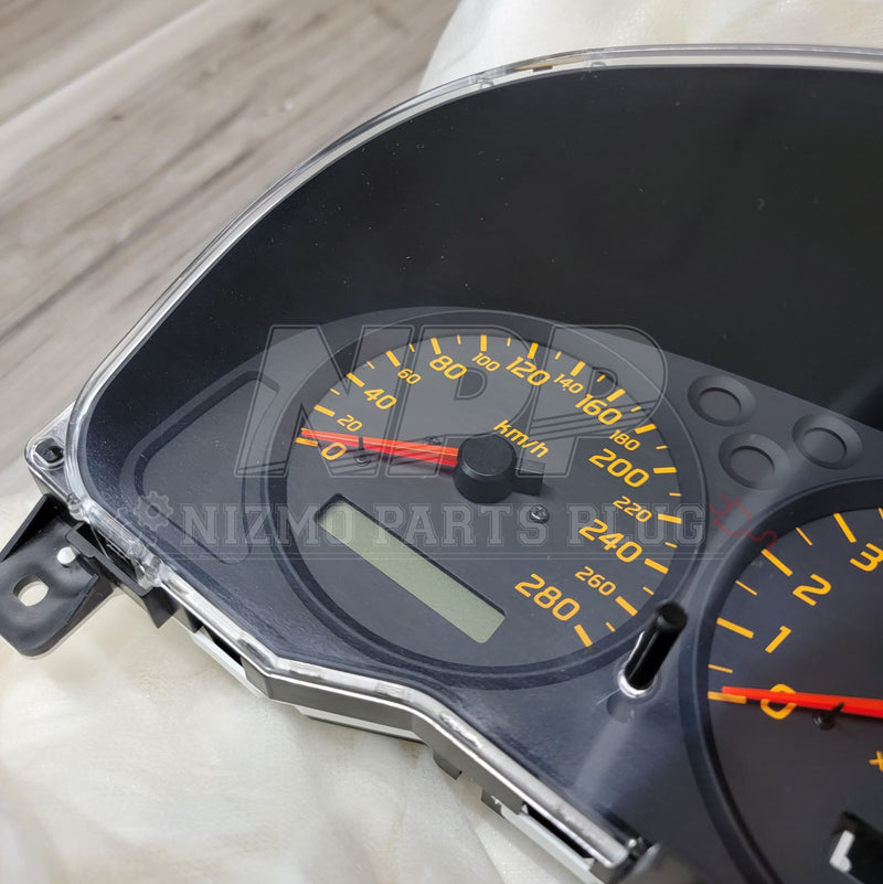 Load image into Gallery viewer, Nismo combination meter assembly for Nissan S15 Silvia, featuring black gauge face with amber numbers and red needles.