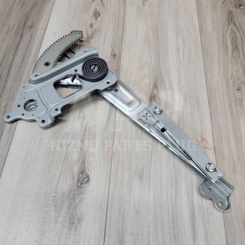 Load image into Gallery viewer, Left-hand window regulator assembly for Nissan R34 Skyline, featuring silver metal finish and black coil spring.