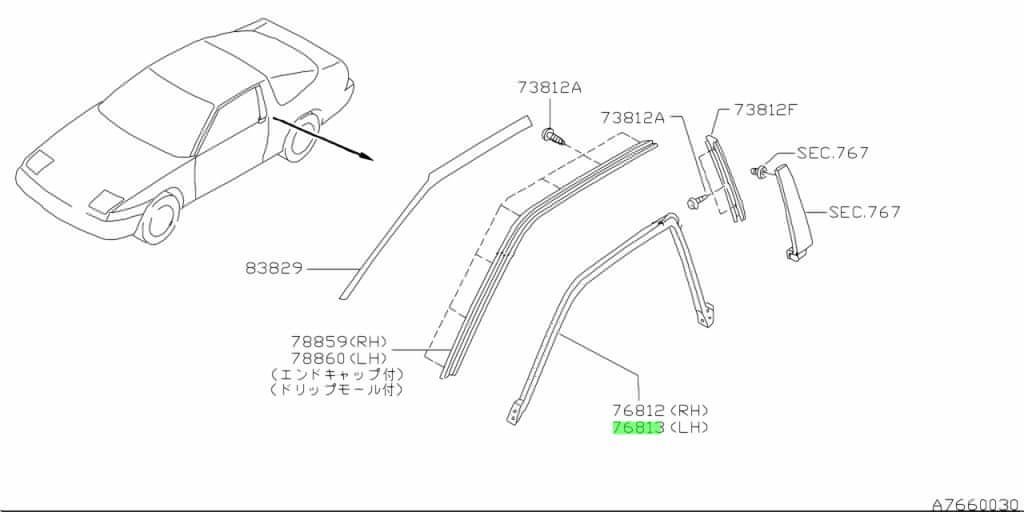 S13 180SX/240SX Upper Weatherstripping Molding Set - NizmoPartsPlug
