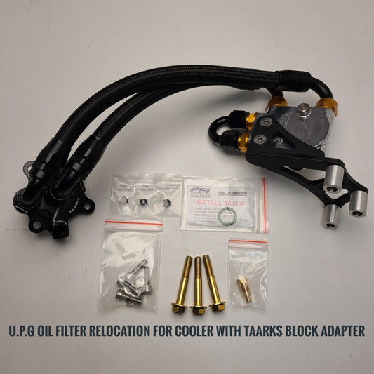 U.P.G Skyline GTR oil filter relocation kit with Greddy oil cooler adapter with Taarks block adapter