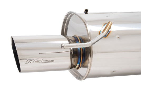 APEXi RS Evolution catback exhaust for Nissan R33, featuring a polished stainless steel muffler and heat-treated welds.