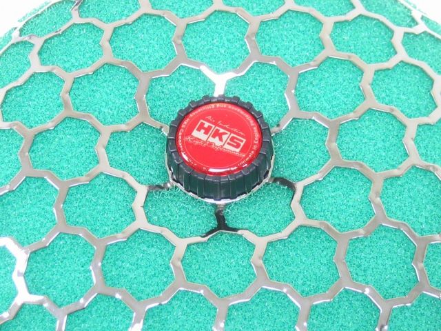 Load image into Gallery viewer, HKS SMF Reloaded green air filter for Nissan S13 SR20DET, featuring a chrome mesh cover and red HKS center cap.
