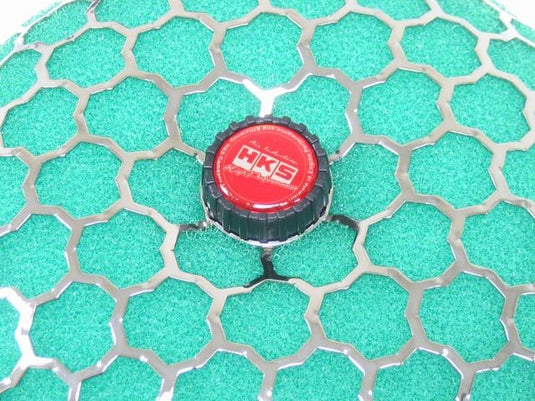 HKS SMF Reloaded green air filter for Nissan S13 SR20DET, featuring a chrome mesh cover and red HKS center cap.