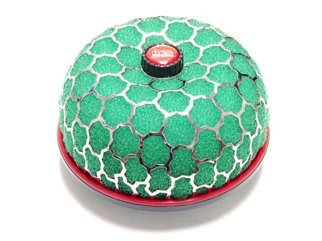 Load image into Gallery viewer, HKS SMF air filter for S13 240SX with distinctive green foam dome, silver mesh cage, and red HKS center cap.
