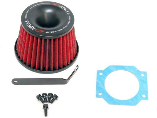 APEXi red air filter intake kit for R33/R34 Skyline. Includes black bracket, bolts, and blue gasket. New condition.
