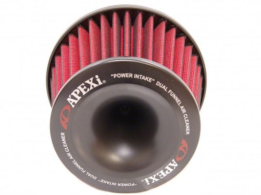 APEXi red air filter for Nissan Skyline R33/R34, featuring a black dual funnel housing.