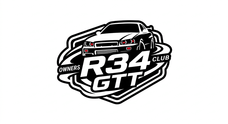 Load image into Gallery viewer, Black and white R34 Skyline GTT Owners Club decal with red headlight accents.

