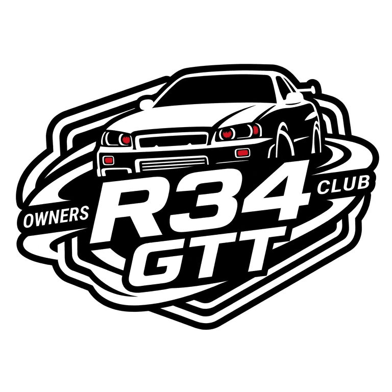 Load image into Gallery viewer, Black and white R34 Skyline GTT Owners Club decal with red headlight accents.
