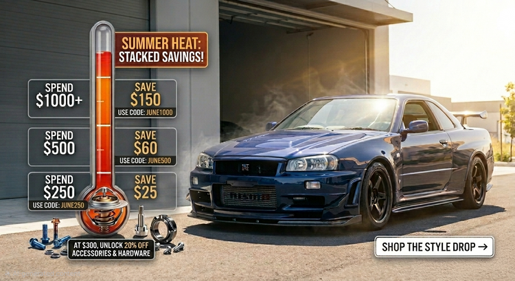 Blue sports car parked in front of a garage with promotional text overlay.