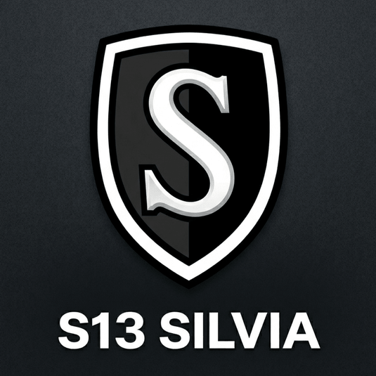 Black and white logo with 'S' symbol and 'S13 SILVIA' text on a black background