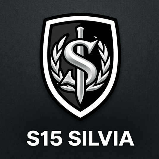 Logo with a shield design featuring a sword and wreath, accompanied by 'S15 SILVIA' text on a black background.