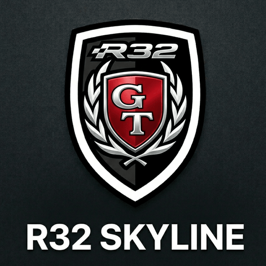 Emblem with 'R32' and 'GT' on a dark background, featuring the text 'R32 SKYLINE'.