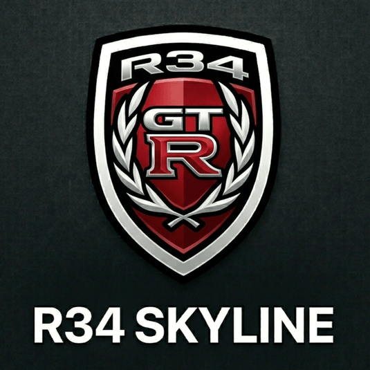 R34 GT R emblem on a black background