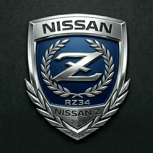 Nissan Z logo with 'RZ34' on a dark background