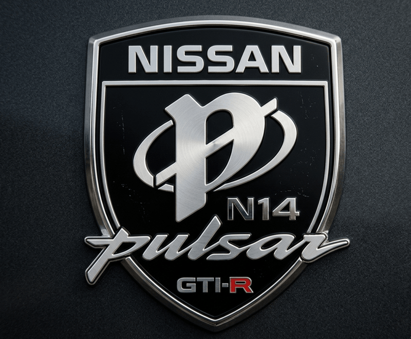 Load image into Gallery viewer, Nissan Pulsar GTI-R badge on a dark background
