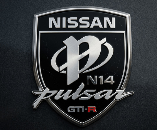 Nissan Pulsar GTI-R badge on a dark background