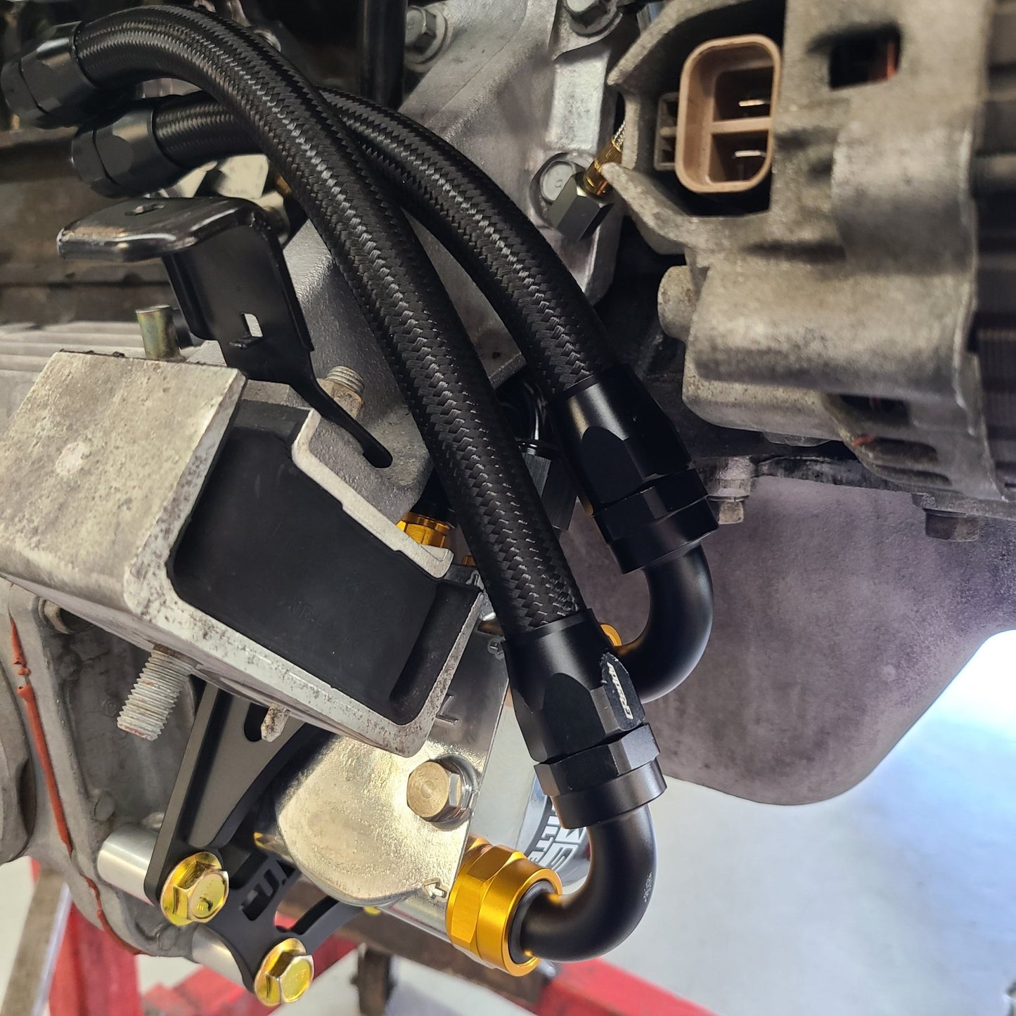 U.P.G Skyline GTR oil filter relocation kit with Greddy oil cooler adapter with Taarks block adapter