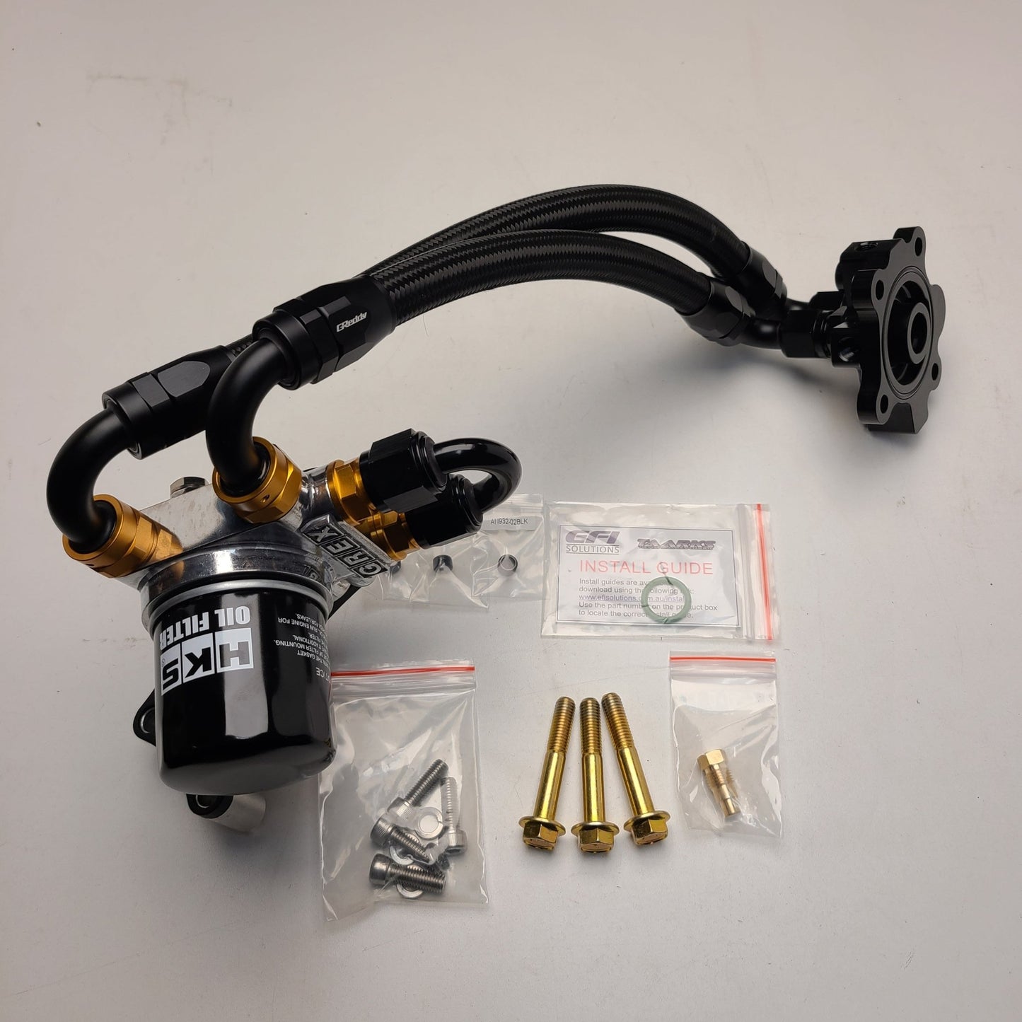 U.P.G Skyline GTR oil filter relocation kit with Greddy oil cooler adapter with Taarks block adapter