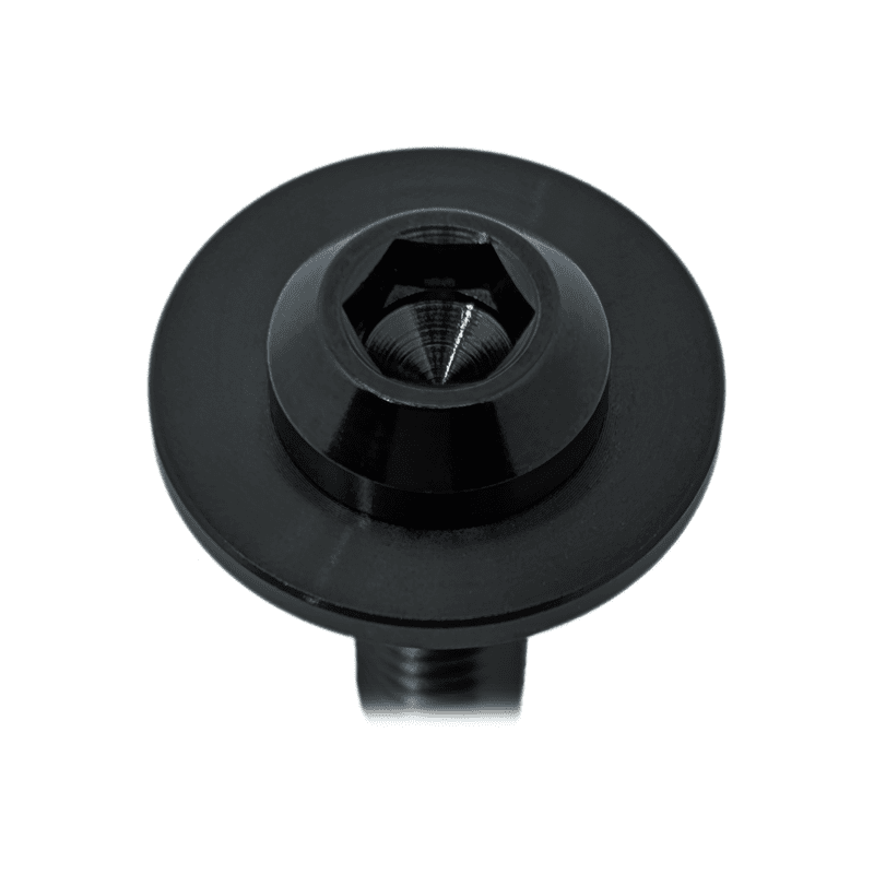 Load image into Gallery viewer, Black Grade-5 titanium engine cover fastener for '03-'09 Nissan 350Z (Z33), top-down view of hex bolt head.
