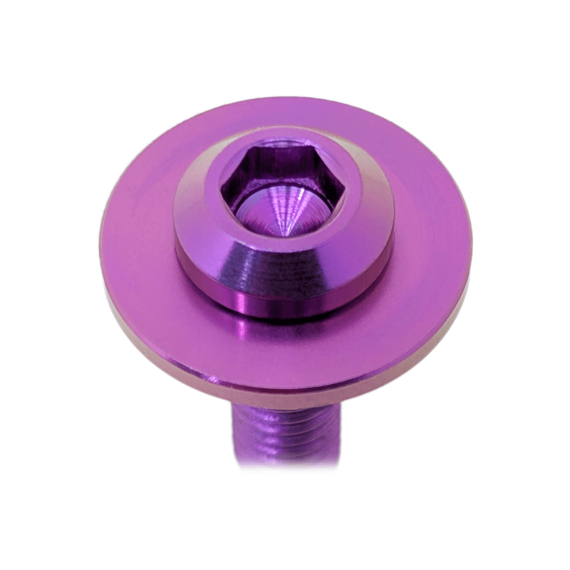 Load image into Gallery viewer, Purple ZSPEC titanium engine cover fastener for 2003-2009 Nissan 350Z. Top-down view of hexagonal bolt and washer.
