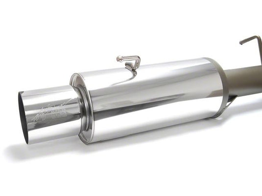 Polished stainless steel HKS Hi-Power exhaust muffler for S14 240SX Silvia, angled view showing brand logo.