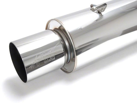 Polished HKS Hi-Power 85mm muffler for Nissan S14, featuring HKS laser-etched branding on the exhaust tip.