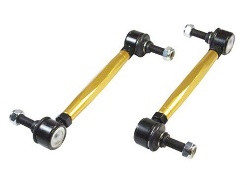 Whiteline adjustable steel sway bar link kit for R34 Nissan Skyline GTR, featuring gold rods and black ball joints.