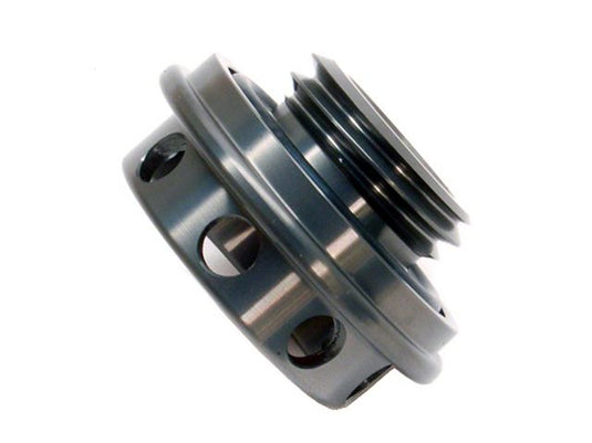 HKS D1 Limited Edition black oil filler cap for Mazda engines, featuring a metallic finish and circular side cutouts.