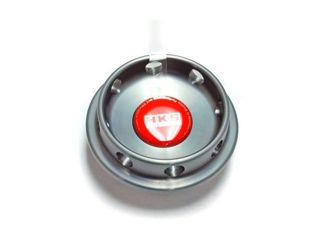 Load image into Gallery viewer, HKS D1 Limited Edition silver oil filler cap for Mitsubishi, featuring a circular red HKS logo center piece.
