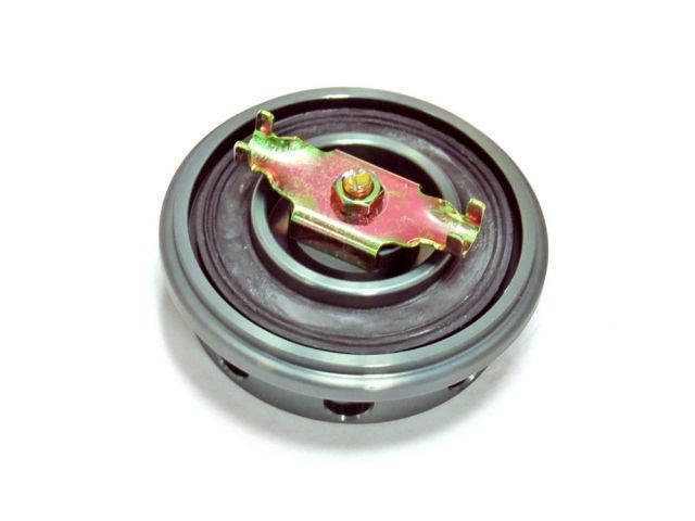 Load image into Gallery viewer, HKS D1 Limited Edition oil filler cap for Mitsubishi, featuring a metallic grey finish and gold-tone mounting bracket.
