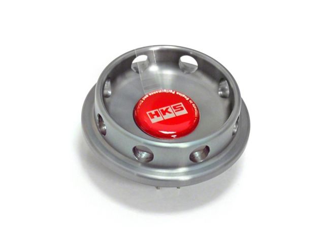 Load image into Gallery viewer, Silver HKS D1 Limited Edition oil filler cap for Mitsubishi, featuring a metallic finish and a red center emblem.

