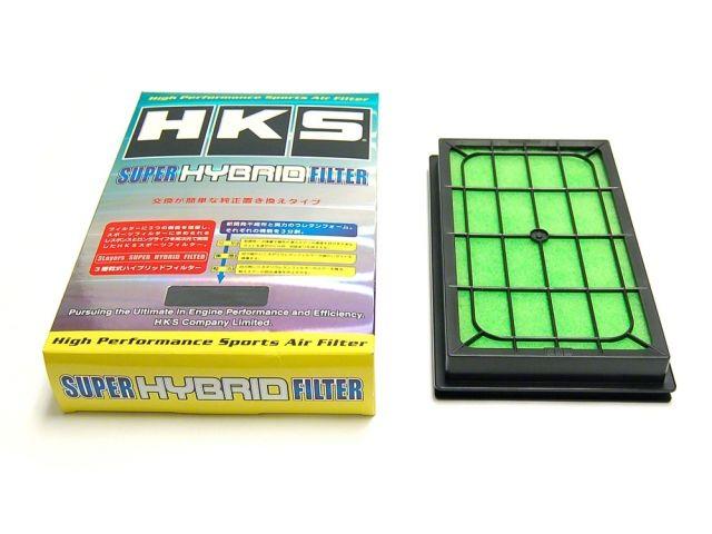 Load image into Gallery viewer, New HKS drop-in air filter for Nissan engines. Features a bright green filter element with a black frame, in box.
