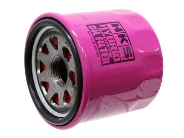 Load image into Gallery viewer, New HKS hybrid sports oil filter for Nissan and Toyota models, bright pink finish with black logo on white background.
