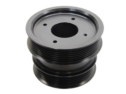 Black dual-groove HKS supercharger pulley for Nissan 350Z VQ35DE, shown in new, clean condition.