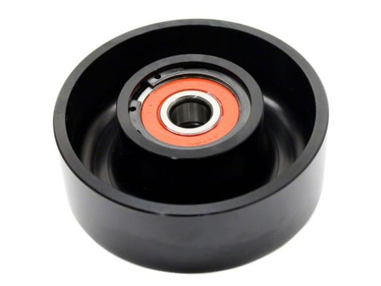 Black HKS supercharger idler pulley with orange bearing for Nissan 350Z VQ35DE.