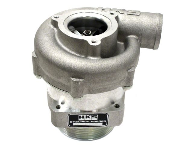 Load image into Gallery viewer, Silver HKS GT supercharger unit for Nissan 350Z VQ35DE with metal housing and branded nameplate.
