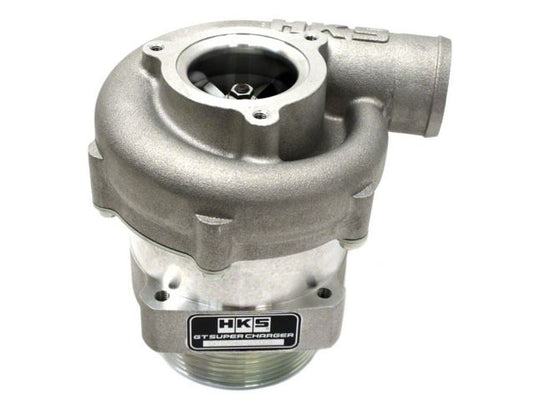 Silver HKS GT supercharger unit for Nissan 350Z VQ35DE with metal housing and branded nameplate.