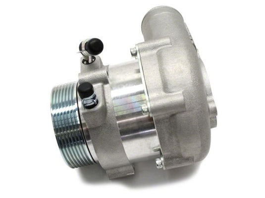 HKS GT supercharger unit for Nissan 350Z VQ35DE. Silver cast aluminum housing with ribbed pulley, new condition.